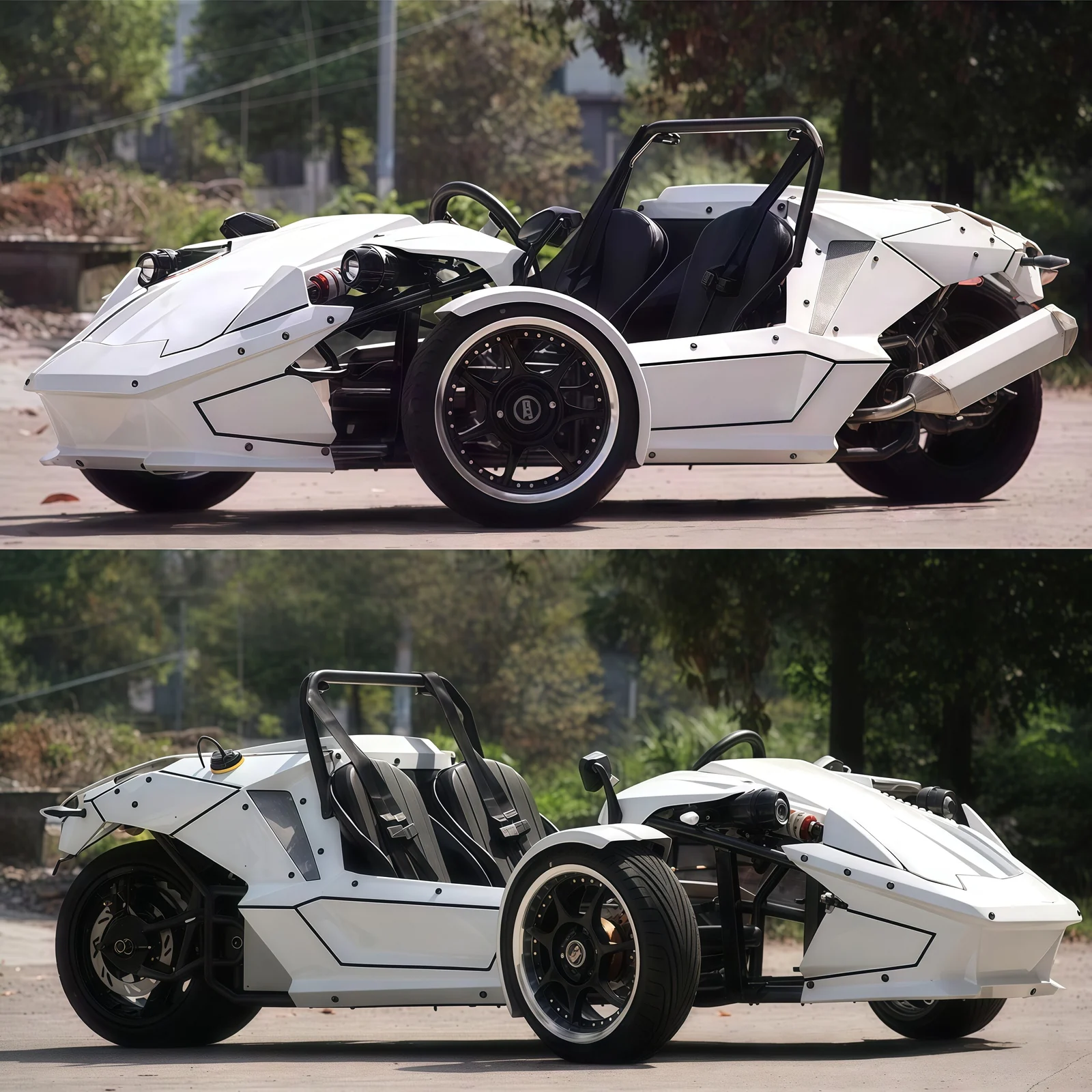 Huajia 3-Wheel Reverse Trike Roadster Racing Car (350cc Gas / 6000W-12000W Electric) - Reverse Trike Roadster by Huajia Machinery. The Huajia Reverse Trike Roadster offers flexible powertrain configurations: a high-output 350cc wat angle 6