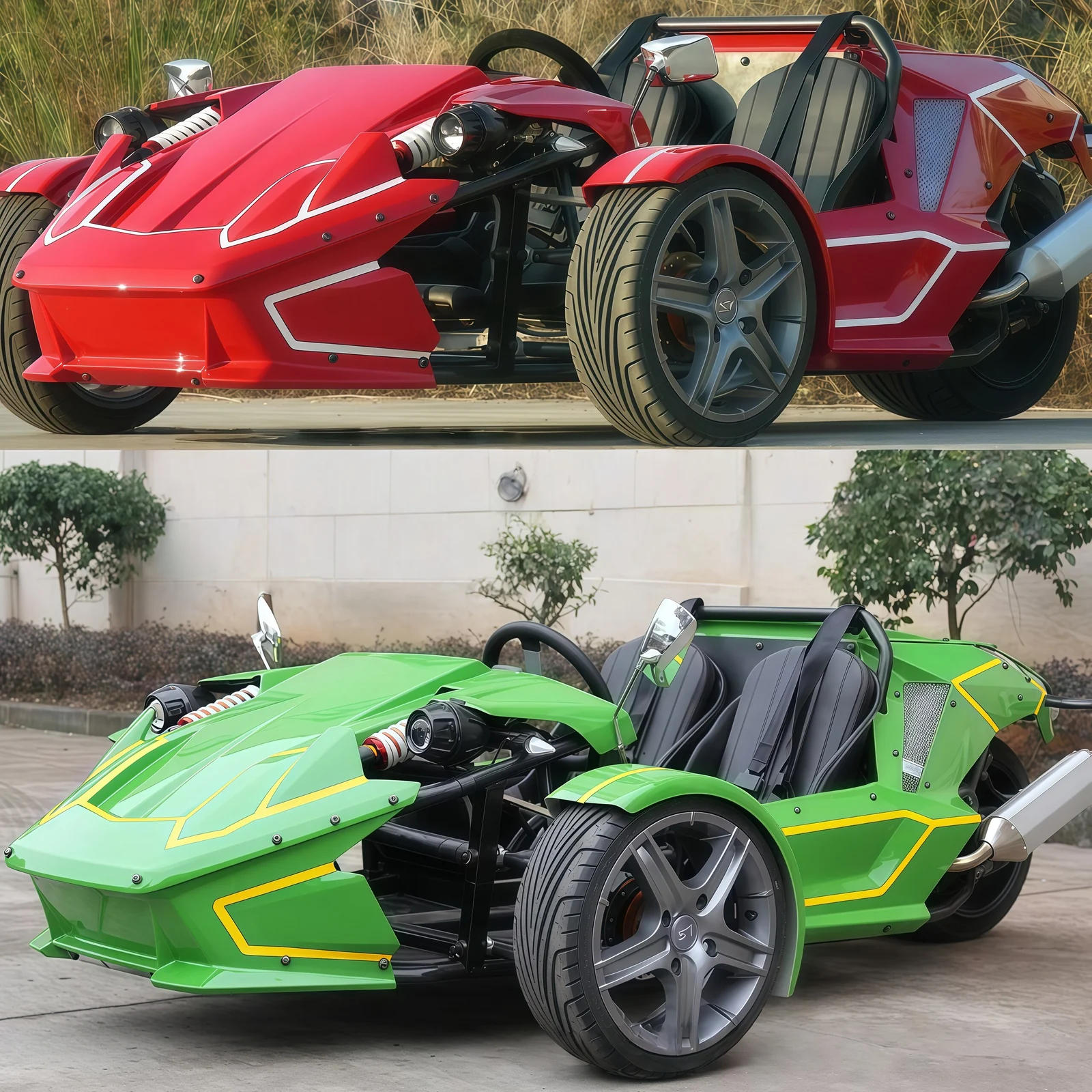 Huajia 3-Wheel Reverse Trike Roadster Racing Car (350cc Gas / 6000W-12000W Electric) - Reverse Trike Roadster by Huajia Machinery. The Huajia Reverse Trike Roadster offers flexible powertrain configurations: a high-output 350cc wat angle 7