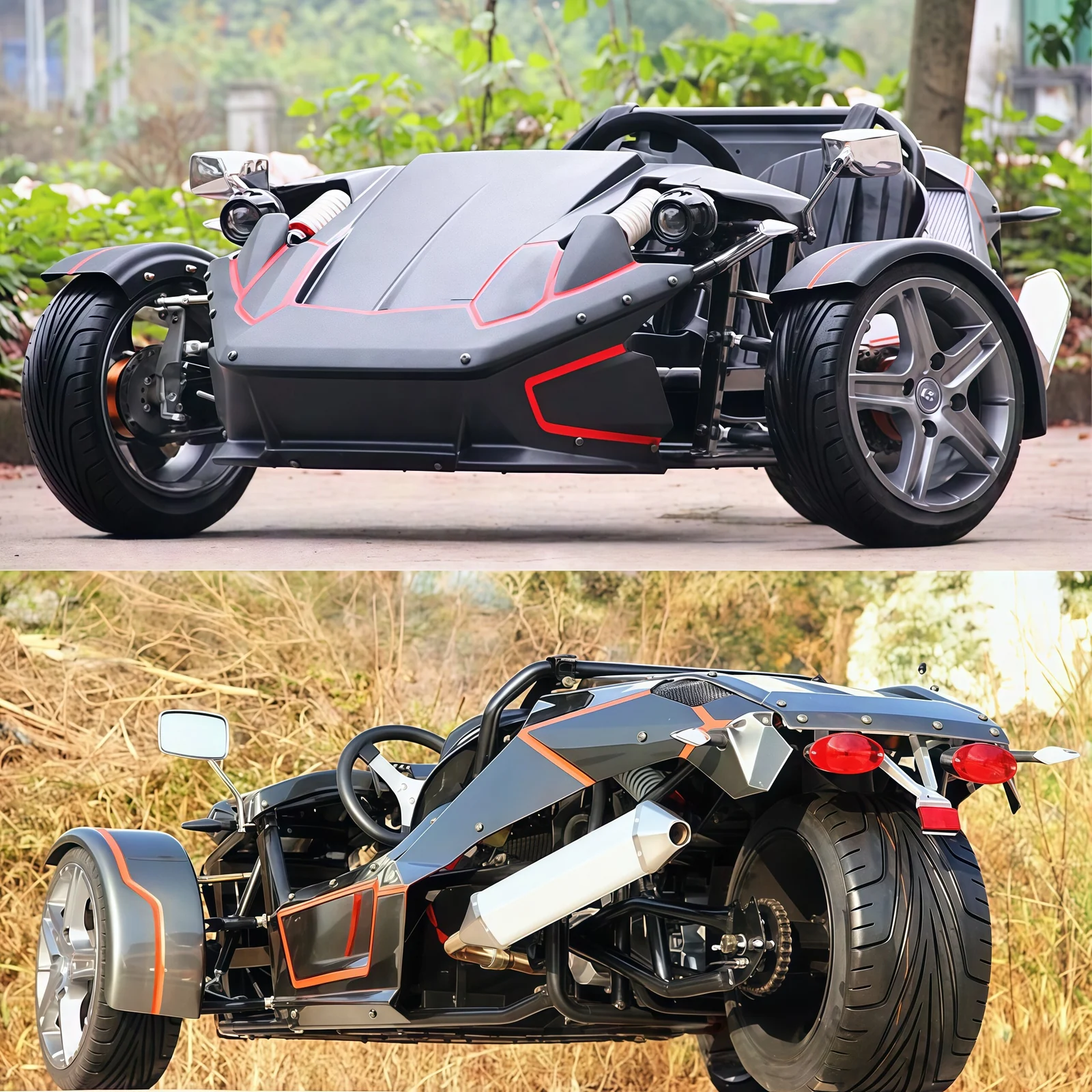 Huajia 3-Wheel Reverse Trike Roadster Racing Car (350cc Gas / 6000W-12000W Electric) - Reverse Trike Roadster by Huajia Machinery. The Huajia Reverse Trike Roadster offers flexible powertrain configurations: a high-output 350cc wat angle 8