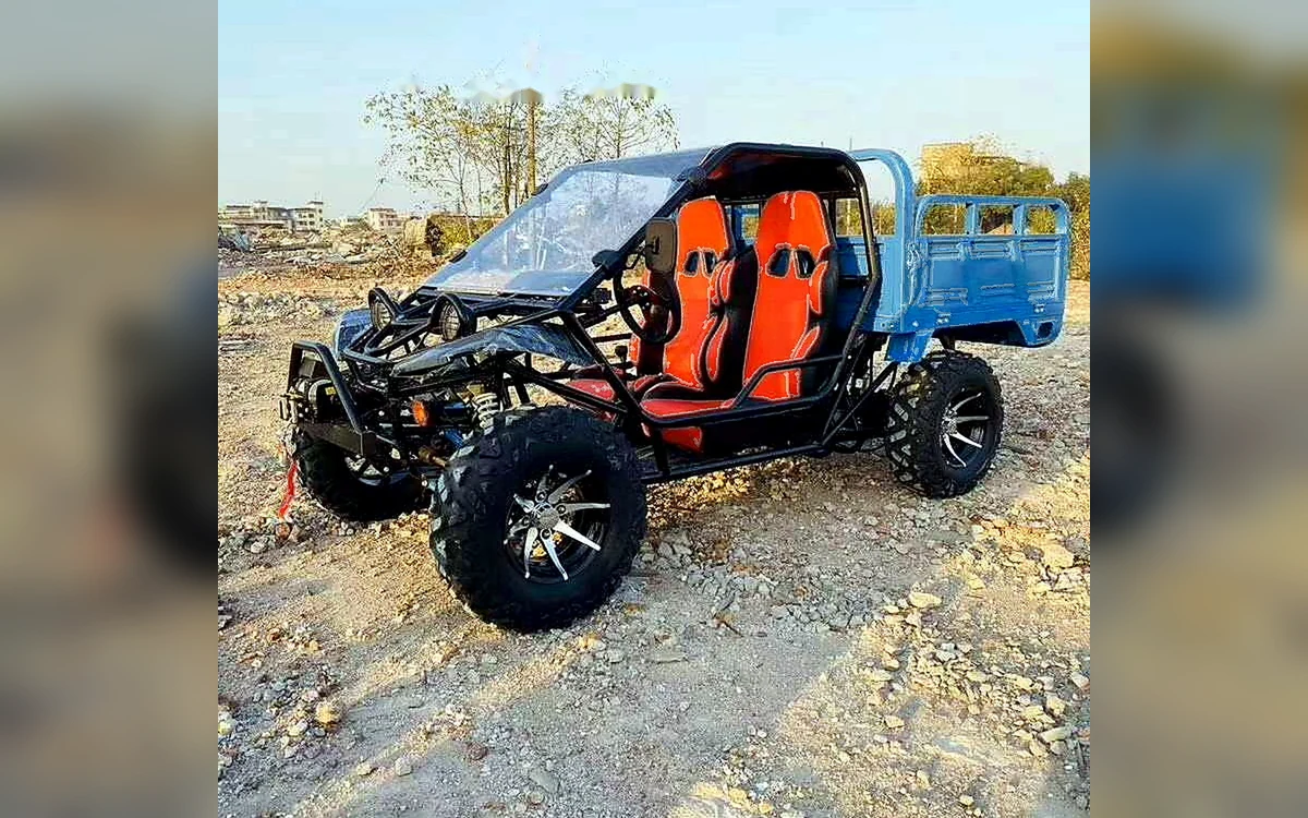 Huajia 230CC Trailer Go-Kart - Trailer Go-Kart by Huajia Machinery. The Huajia 230CC Trailer Go-Kart is a light off-road utility kart with a blue rear cargo bed for cam angle 6