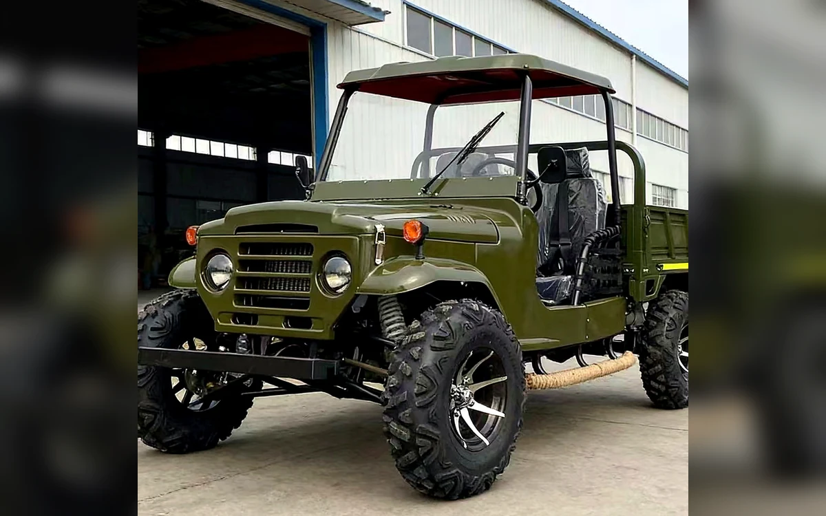 Huajia Army Green Trailer Jeep - Trailer Jeep by Huajia Machinery. The Huajia Army Green Trailer Jeep is a compact off-road mini jeep with a rear c