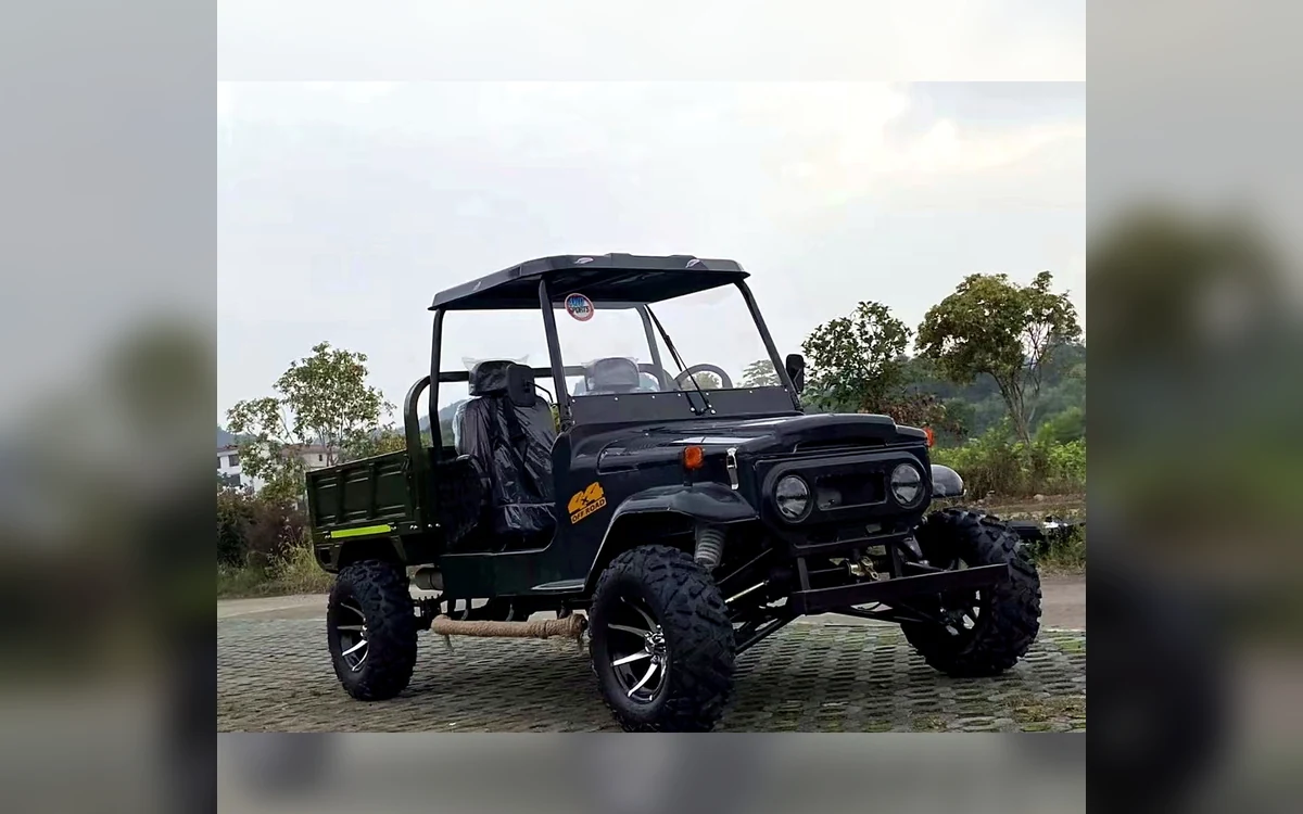 Huajia Army Green Trailer Jeep - Trailer Jeep by Huajia Machinery. The Huajia Army Green Trailer Jeep is a compact off-road mini jeep with a rear cargo bed for scenic angle 5