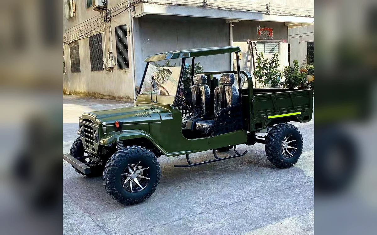 Huajia Army Green Trailer Jeep - Trailer Jeep by Huajia Machinery. The Huajia Army Green Trailer Jeep is a compact off-road mini jeep with a rear cargo bed for scenic angle 2