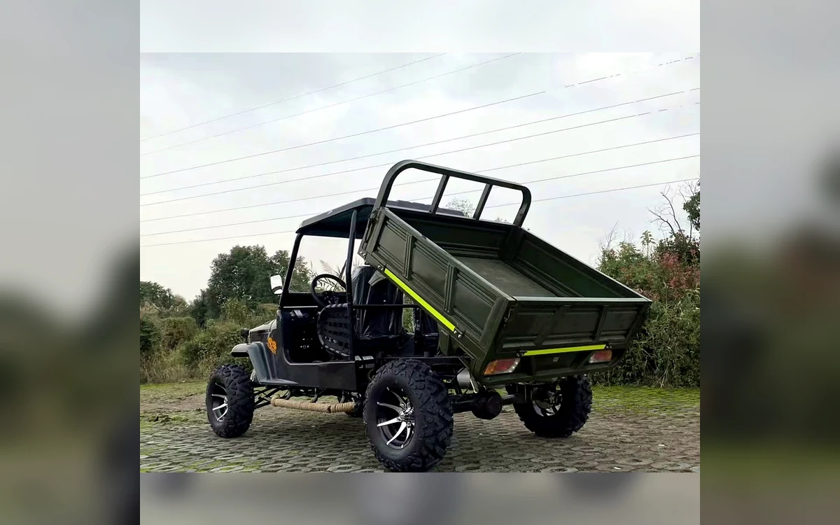 Huajia Army Green Trailer Jeep - Trailer Jeep by Huajia Machinery. The Huajia Army Green Trailer Jeep is a compact off-road mini jeep with a rear cargo bed for scenic angle 3