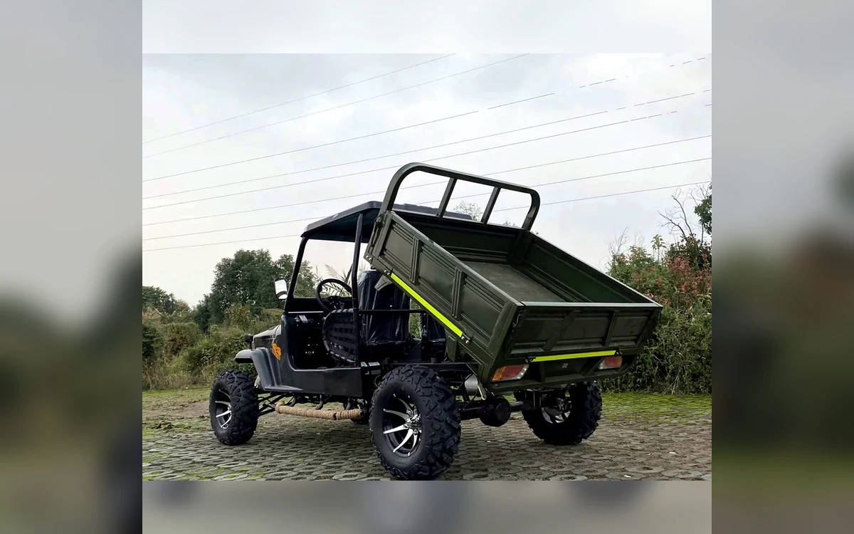 Huajia Army Green Trailer Jeep - Trailer Jeep by Huajia Machinery. The Huajia Army Green Trailer Jeep is a compact off-road mini jeep with a rear cargo bed for scenic angle 4